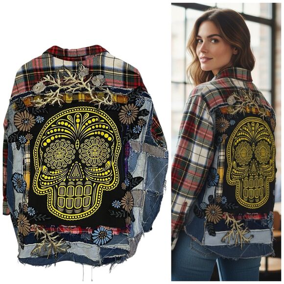 Flannel Shirt Womens 2XL Sugar Skull Shacket Upcycled Grunge Maximalist Rock - Picture 4 of 16